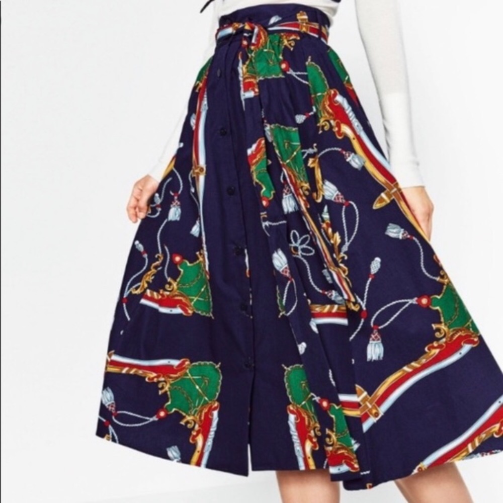 Zara Printed Midi Nautical Skirt Bow Skirt Size XS